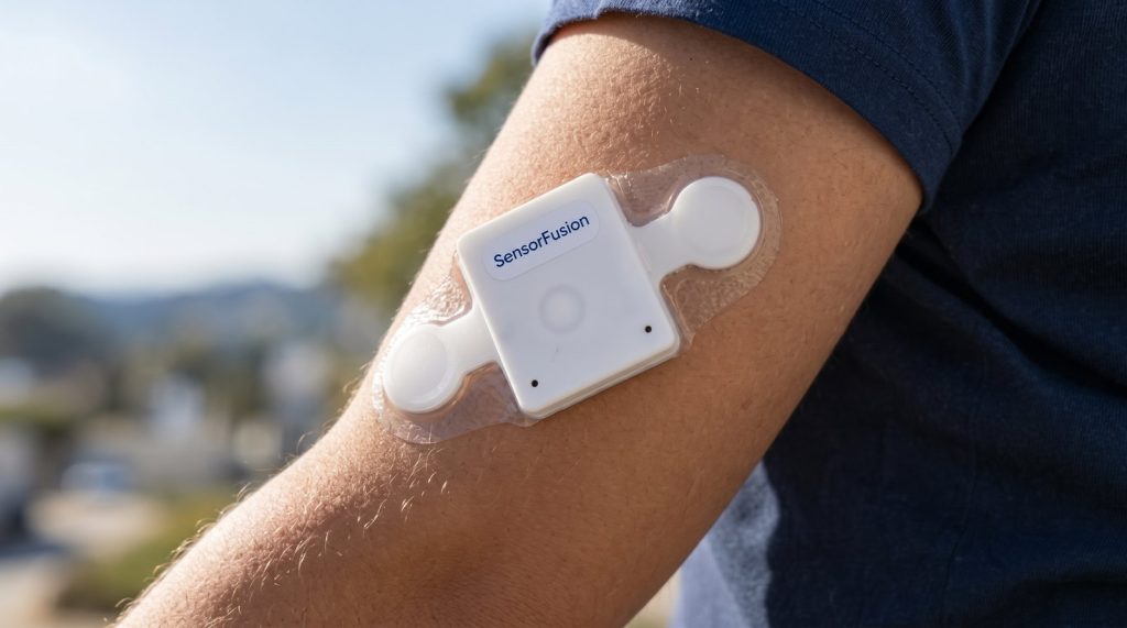 Parche SensorFusion colocado en la parte superior del brazo de un usuario